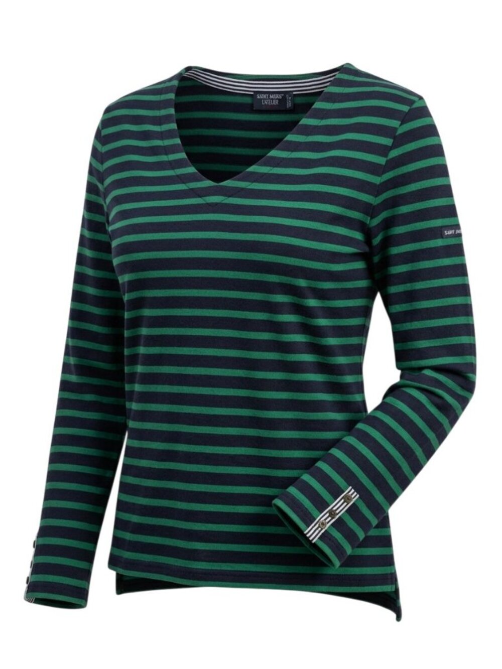 SAINT JAMES Green Navy Striped V-Neck Breton Cotton Top Made in France ml